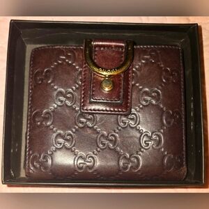 GUCCI Guccissimo GG Compact Bifold Wallet Dark Brown Leather Gold D Ring w BOX!